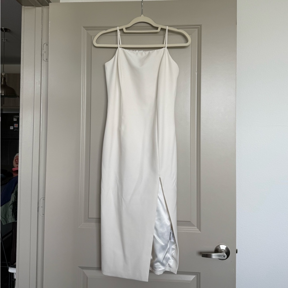 White Sheath Dress with Slit and Spaghetti Straps